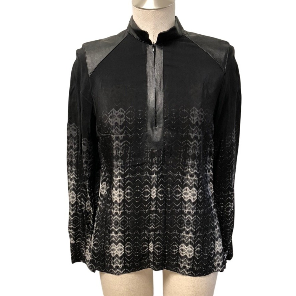 Parker Silk Blouse Womens‎ XS Adult Black White Leather Trim Ikat PA091012CH